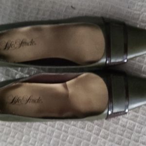 Green and brown pumps, approximately 2 inch heel,